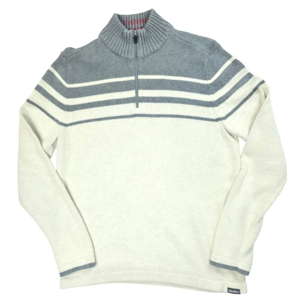 Eddie Bauer Mens Quarter Zip Sweater Small Grey Cream Striped 100% Cotton Knit
